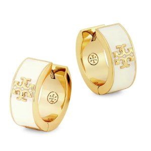 NEW Tory Burch Kira Enamel Huggie Hoop Earrings - WHITE with Dust Bag